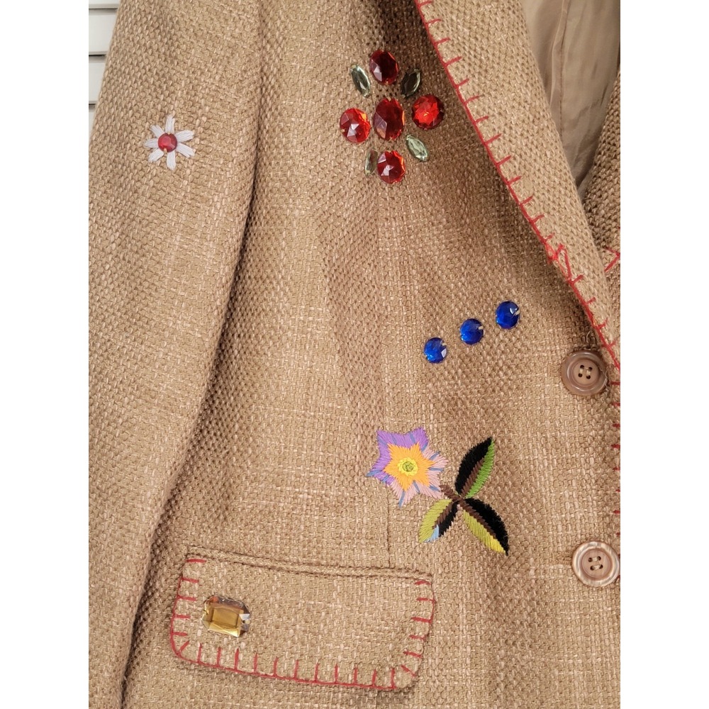 VTG Y2K Tweed Blazer Focus 2000 Womens Sz Embroidered Gems Boho Western Fall - Picture 3 of 11